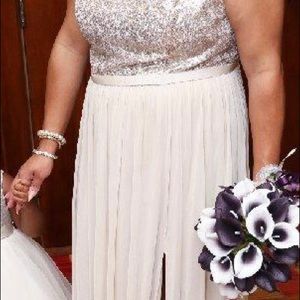 Gold One Shoulder Sequin and Mesh Dress with High Split